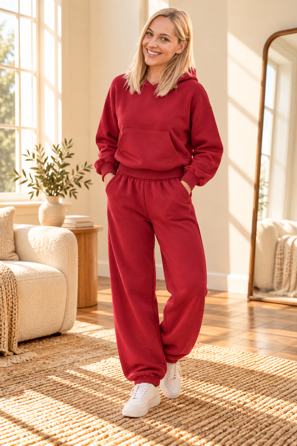 Women's matching pullover hoodie and joggers set in mulberry wine