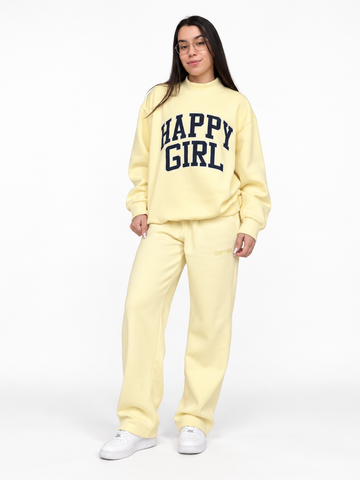 Happy Girl Varsity Mock Neck Crewneck – Butter Yellow + Navy