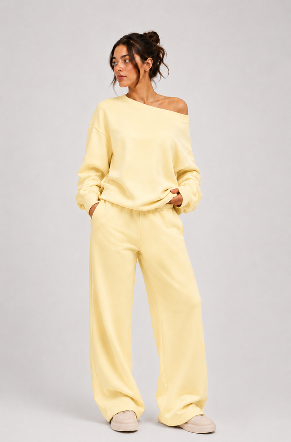 Off-The-Shoulder + Sweatpants Butter Yellow