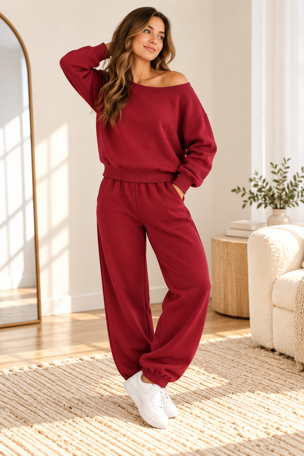 Women's matching off-the-shoulder sweatshirt and joggers set in mulberry wine