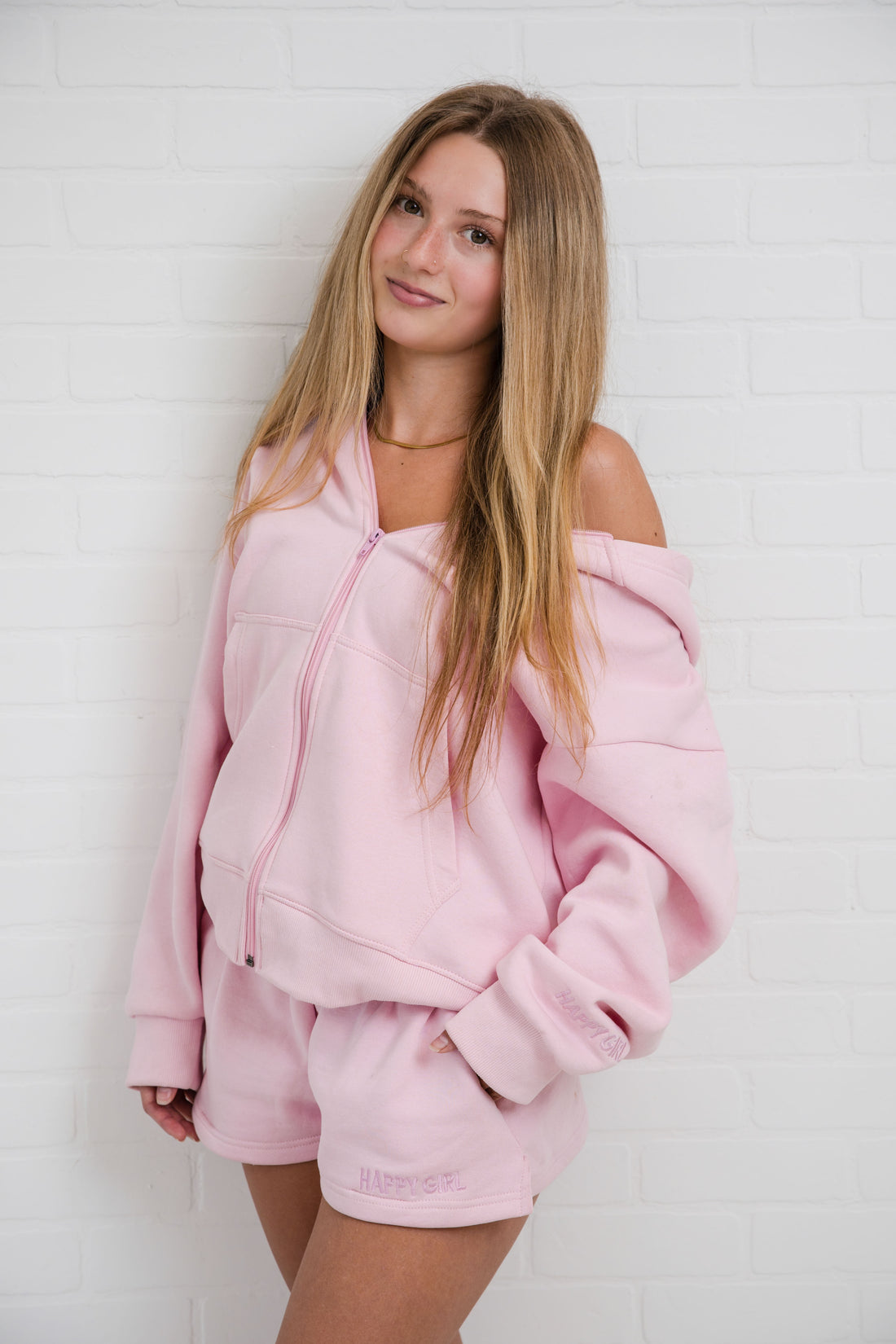 Zip Up Hoodie + Shorts Powder Pink