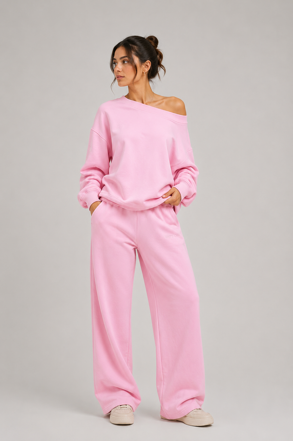 Off-The-Shoulder + Sweatpants Powder Pink