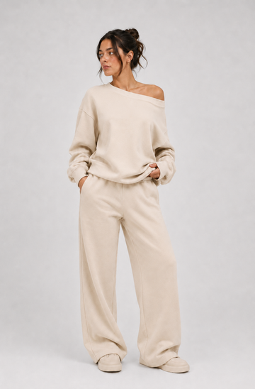 Off-The-Shoulder + Sweatpants Cream