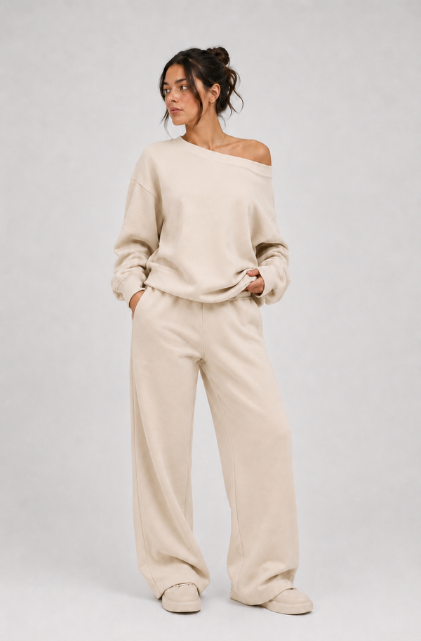 Off-The-Shoulder + Sweatpants Cream