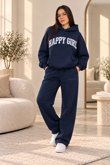 Happy Girl Varsity Mock Neck Crewneck – (Navy + Butter Yellow)  with Sweatpant