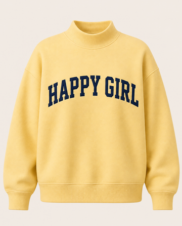 Happy Girl Varsity Mock Neck Crewneck – Butter Yellow + Navy