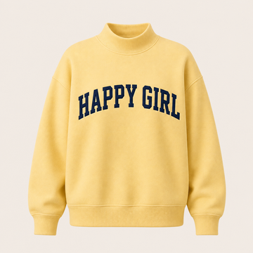 Happy Girl Varsity Mock Neck Crewneck – Butter Yellow + Navy