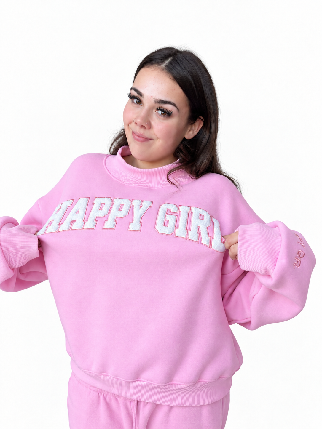 Women's pink varsity mock neck sweatshirt with Happy Girl chenille lettering