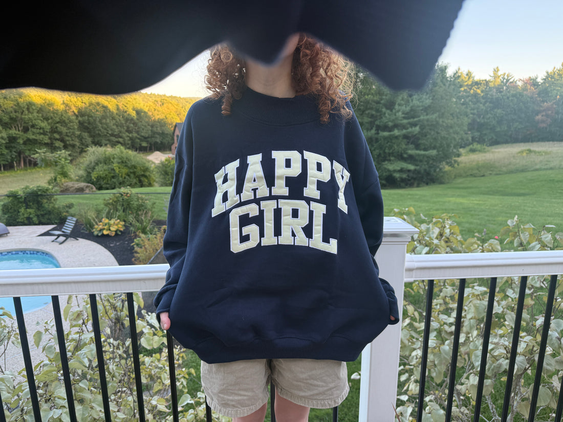 Happy Girl Varsity Mock Neck Crewneck – Navy + Butter Yellow