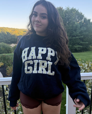 Happy Girl Varsity Mock Neck Crewneck – Navy + Butter Yellow