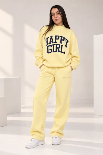 Happy Girl Varsity Mock Neck Crewneck – Butter Yellow + Navy with  Sweatpant