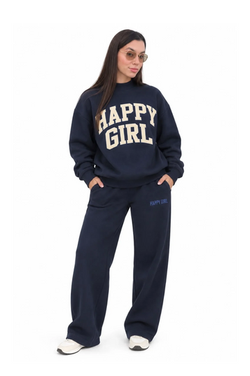 Happy Girl Varsity Mock Neck Crewneck – Navy + Butter Yellow