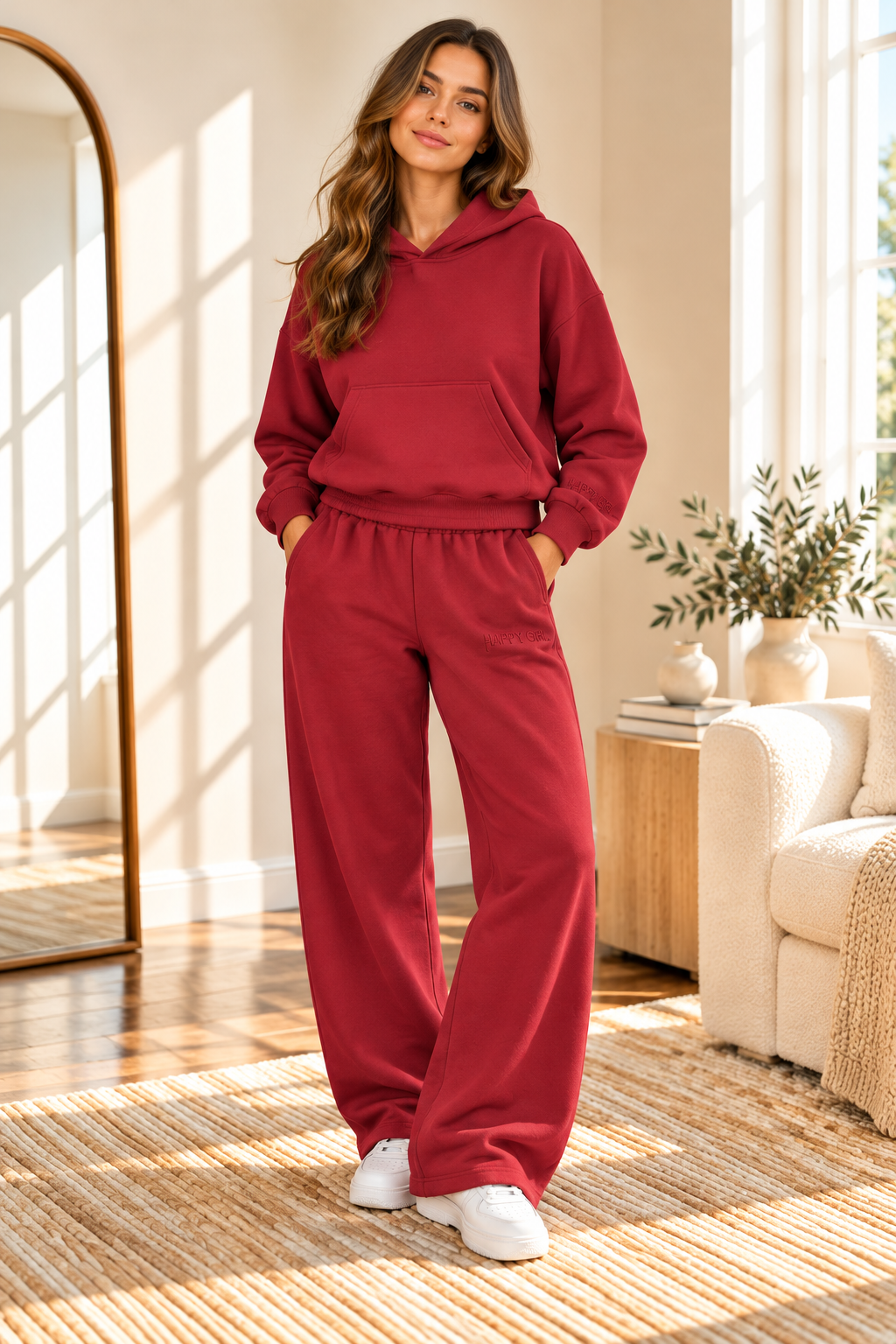 Women's matching pullover hoodie and sweatpants set in mulberry wine