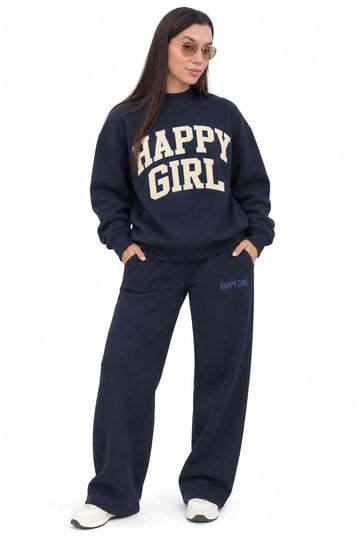 Happy Girl Varsity Mock Neck Crewneck – Navy + Butter Yellow