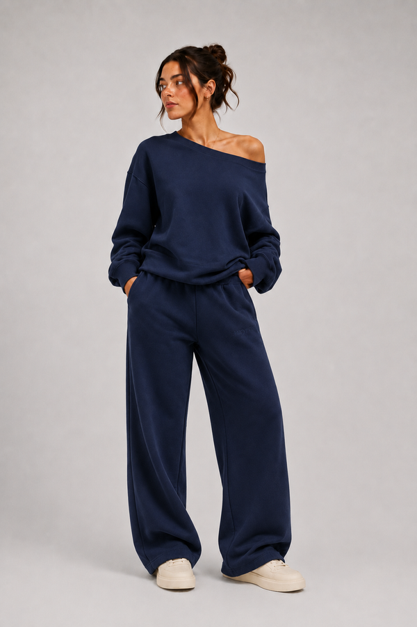 Off-The-Shoulder + Sweatpants Navy