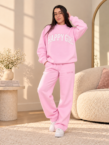 Happy Girl Pink Varsity Mock Neck Sweatshirt with Sweatpant